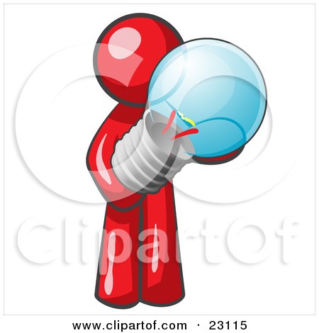 Clipart Illustration of a Red Man Holding A Glass Electric Lightbulb, Symbolizing Utilities Or Ideas by Leo Blanchette