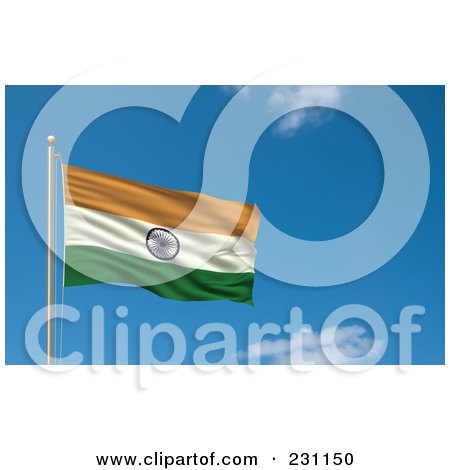 Royalty-Free (RF) Clipart Illustration Of The Flag Of India Waving On A Pole Against A Blue Sky by stockillustrations