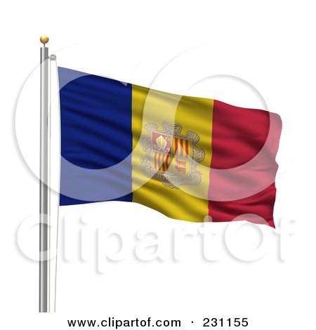 Royalty-Free (RF) Clipart Illustration of The Flag Of Andorra Waving On A Pole by stockillustrations