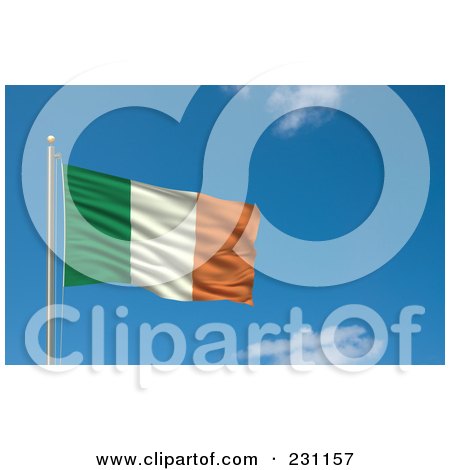 Royalty-Free (RF) Clip Art Illustration Of The Flag Of Ireland Waving On A Pole Against A Blue Sky by stockillustrations