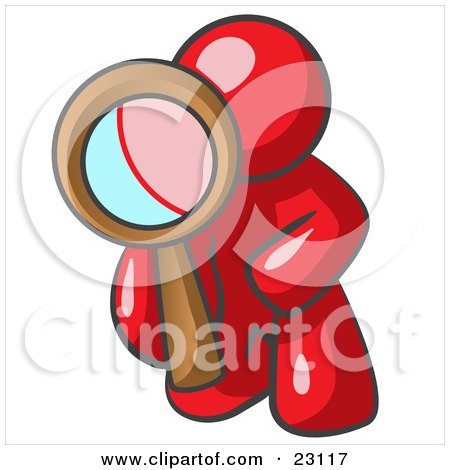Clipart Illustration of a Red Man Kneeling On One Knee To Look Closer At Something While Inspecting Or Investigating by Leo Blanchette