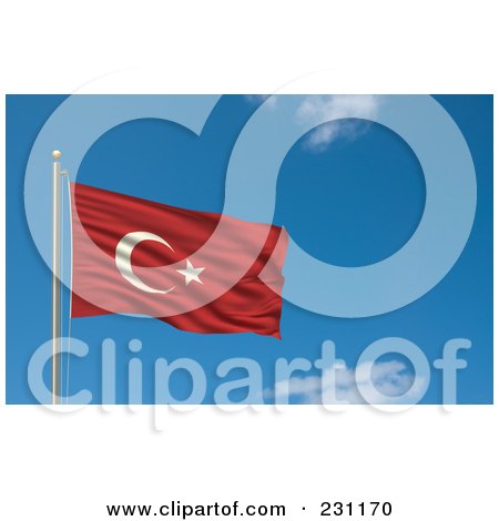 Royalty-Free (RF) Clipart Illustration Of The Flag Of Turkey Waving On A Pole Against A Blue Sky by stockillustrations