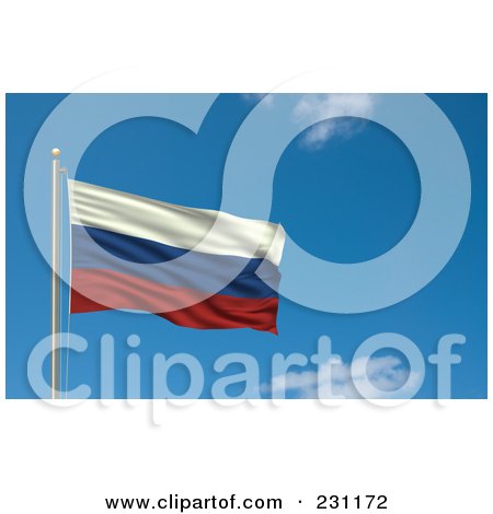 Royalty-Free (RF) Clipart Illustration Of The Flag Of Russia Waving On A Pole Against A Blue Sky by stockillustrations