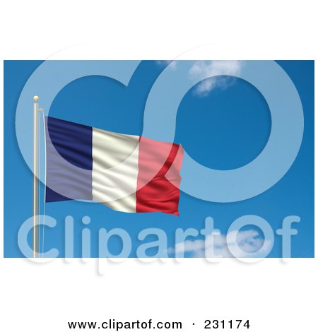 Royalty-Free (RF) Clipart Illustration Of The Flag Of France Waving On A Pole Against A Blue Sky by stockillustrations