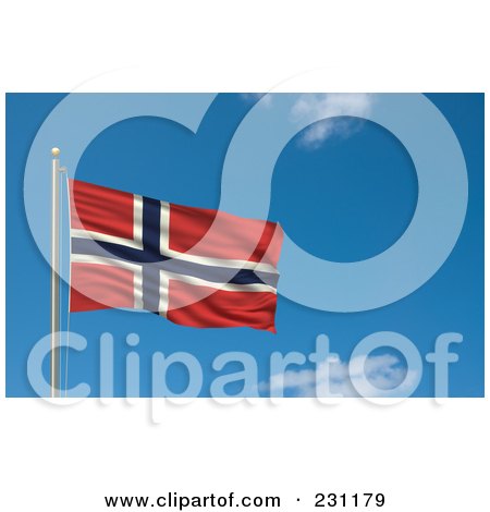 Royalty-Free (RF) Clipart Illustration Of The Flag Of Norway Waving On A Pole Against A Blue Sky by stockillustrations