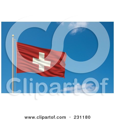 Royalty-Free (RF) Clipart Illustration Of The Flag Of Switzerland Waving On A Pole Against A Blue Sky by stockillustrations