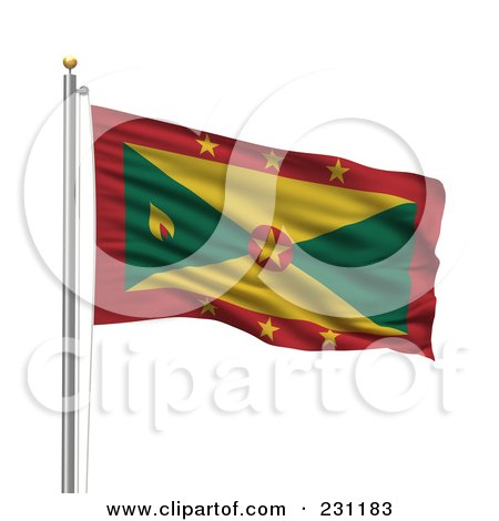 Royalty-Free (RF) Clipart Illustration of The Flag Of Grenada Waving On A Pole by stockillustrations