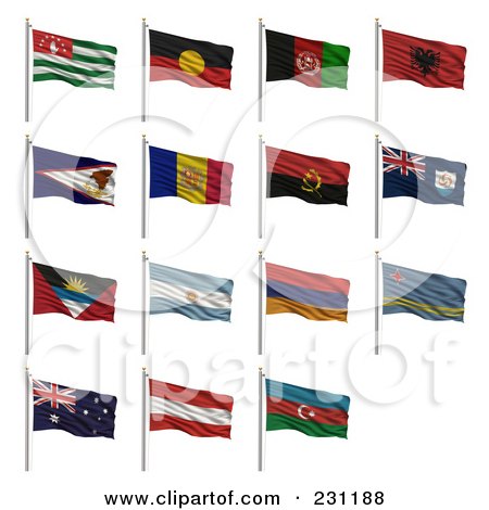 Royalty-Free (RF) Clipart Illustration of a Digital Collage Of 3d Waving National Flags Starting With The Letter A - Abkhazia, Aborigine, Afghanistan, Albania, American Samoa, Andorra, Angola, Anguilla, Antigua & Barbuda, Argentina, Armenia, Aruba, Austra by stockillustrations