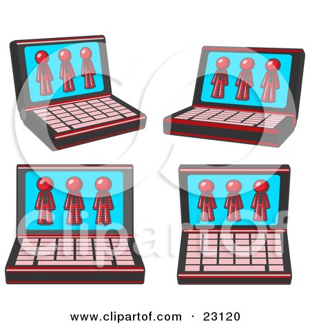 Clipart Illustration of Four Laptop Computers With Three Red Men on Each Screen by Leo Blanchette