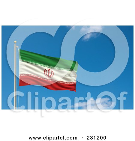 Royalty-Free (RF) Clipart Illustration Of The Flag Of Iran Waving On A Pole Against A Blue Sky by stockillustrations