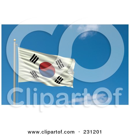 Royalty-Free (RF) Clipart Illustration Of The Flag Of South Korea Waving On A Pole Against A Blue Sky by stockillustrations