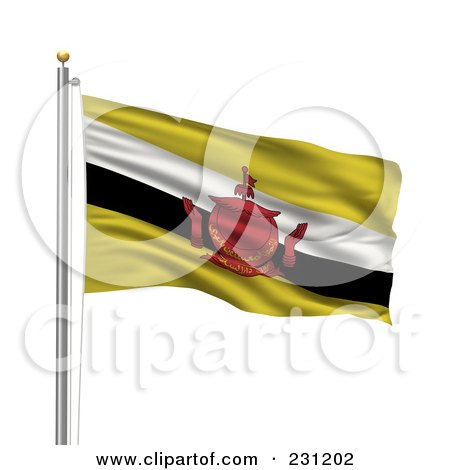 Royalty-Free (RF) Clipart Illustration of The Flag Of Brunei Waving On A Pole by stockillustrations