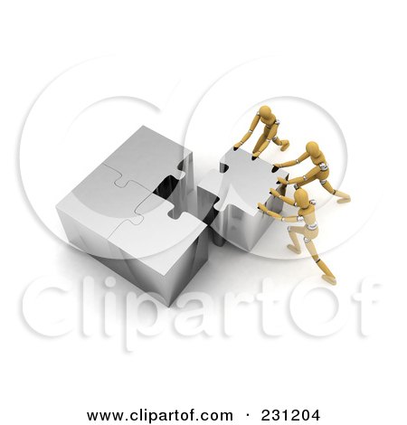 Royalty-Free (RF) Clipart Illustration of a 3d Wooden Mannequins Working Together To Push A Puzzle Piece Into The Right Place by stockillustrations