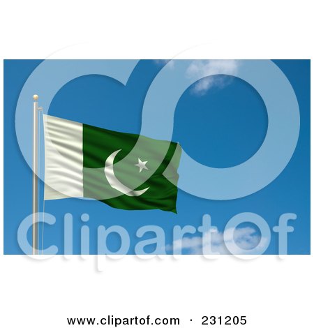 Royalty-Free (RF) Clipart Illustration Of The Flag Of Pakistan Waving On A Pole Against A Blue Sky by stockillustrations