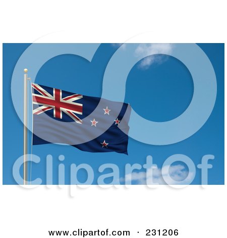 Royalty-Free (RF) Clipart Illustration Of The Flag Of New Zealand Waving On A Pole Against A Blue Sky by stockillustrations