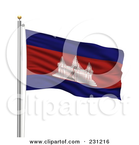 Royalty-Free (RF) Clipart Illustration of The Flag Of Cambodia Waving On A Pole by stockillustrations