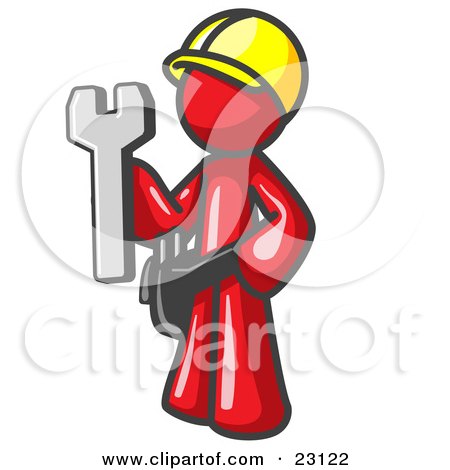 Clipart Illustration of a Proud Red Construction Worker Man in a Hardhat, Holding a Wrench Clipart Illustration by Leo Blanchette