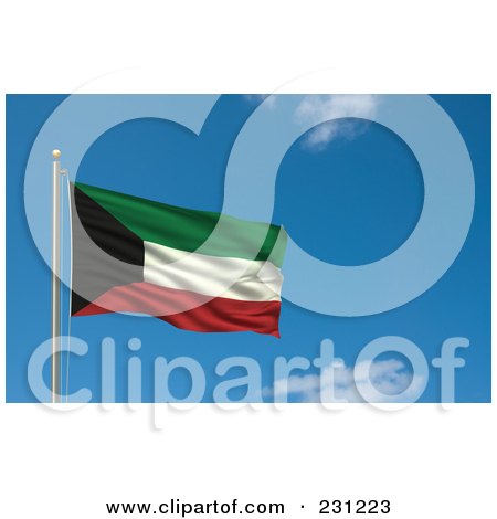 Royalty-Free (RF) Clipart Illustration Of The Flag Of Kuwait Waving On A Pole Against A Blue Sky by stockillustrations