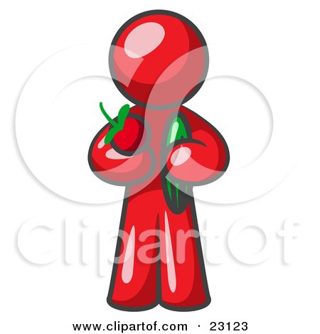 Clipart Illustration of a Healthy Red Man Carrying A Fresh And Organic Apple And Cucumber by Leo Blanchette