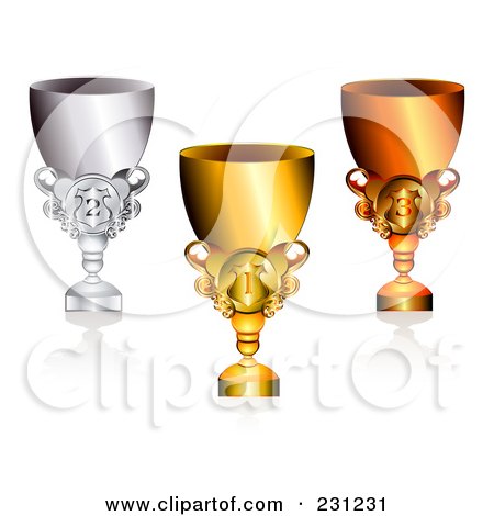 Royalty-Free (RF) Clipart Illustration of a Digital Collage Of 3d Shiny Gold, Bronze And Silver Trophy Cups by MilsiArt