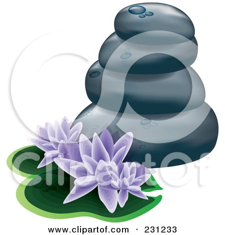 Royalty-Free (RF) Clipart Illustration of Stacked Spa Stones With Purple Lotus Flowers And Lily Pads by MilsiArt