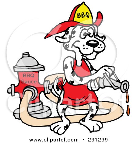 Royalty-Free (RF) Clipart Illustration of a Dalmatian Dog Wearing A Helmet And Using A Hose To Spray Bbq Sauce by LaffToon