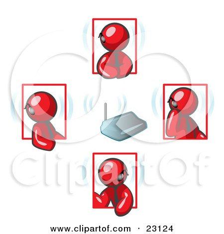 Clipart Illustration of a Group of Four Red Men Holding A Phone Meeting And Wearing Wireless Bluetooth Headsets by Leo Blanchette