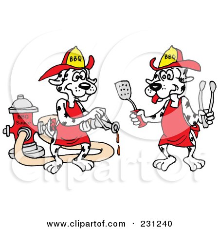 Royalty-Free (RF) Clipart Illustration of a Dalmatian Dog Using A Bbq Sauce Hose And Another Dog Holding Tongs And A Spatula by LaffToon