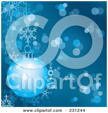 Royalty-Free (RF) Clip Art Illustration of a Christmas Background Of Sparkles And Snowflakes With One Blue Starry Bauble by dero