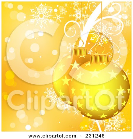 Royalty-Free (RF) Clipart Illustration of a Christmas Background Of Two Golden Starry Christmas Balls Over Vines And Snowflakes by dero