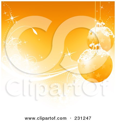 Royalty-Free (RF) Clipart Illustration of a Christmas Background Of Two Gold Starry Christmas Balls Over Vines And Snowflakes by dero