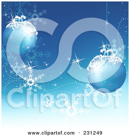Royalty-Free (RF) Clipart Illustration of a Christmas Background Of Two Blue Balls With Snow, Sparkles And Snowflakes by dero