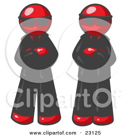 Clipart Illustration of Two Red Men Standing With Their Arms Crossed, Wearing Sunglasses and Black Suits by Leo Blanchette