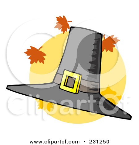 Royalty-Free (RF) Clipart Illustration of a Tall Pilgrim Hat With Autumn Leaves Over A Yellow Circle by Hit Toon
