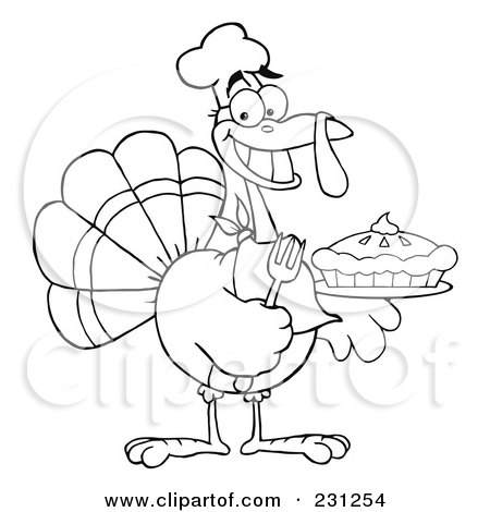 Royalty-Free (RF) Clipart Illustration of a Coloring Page Outline Of A Thanksgiving Turkey Bird Holding A Pie by Hit Toon