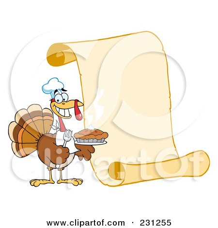 Royalty-Free (RF) Clipart Illustration of a Happy Thanksgiving Turkey Bird Holding A Pie By A Blank Menu Scroll by Hit Toon
