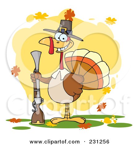 Royalty-Free (RF) Clipart Illustration of a Hunting Thanksgiving Pilgrim Turkey Bird With A Musket - 2 by Hit Toon