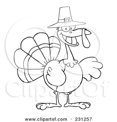 Royalty-Free (RF) Clipart Illustration of a Coloring Page Outline Of A Happy Thanksgiving Pilgrim Turkey Bird Smiling by Hit Toon