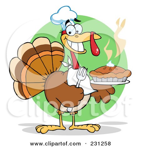Royalty-Free (RF) Clipart Illustration of a Happy Thanksgiving Turkey Bird Holding A Pie - 3 by Hit Toon