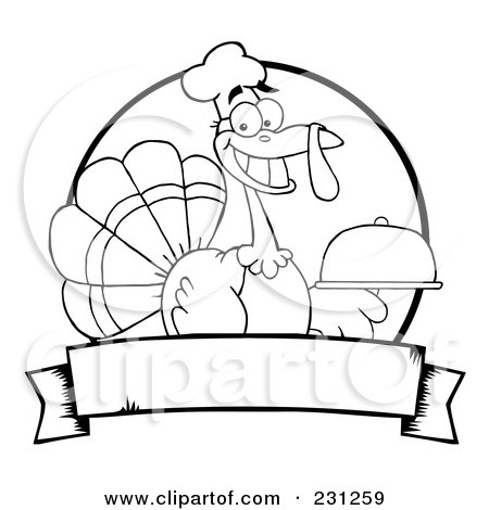 Royalty-Free (RF) Clipart Illustration of a Black And White Outline Of A Thanksgiving Turkey Bird Chef Holding A Platter Over A Blank Banner by Hit Toon