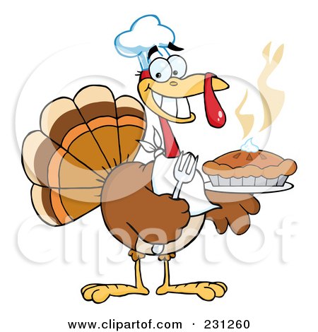 Royalty-Free (RF) Clipart Illustration of a Happy Thanksgiving Turkey Bird Holding A Pie - 1 by Hit Toon