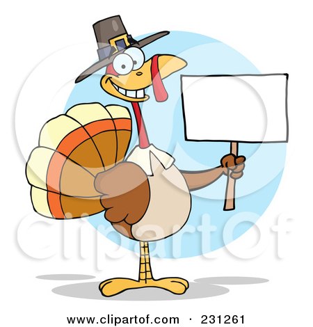 Royalty-Free (RF) Clipart Illustration of a Happy Thanksgiving Pilgrim Turkey Bird Holding A Blank Sign - 2 by Hit Toon