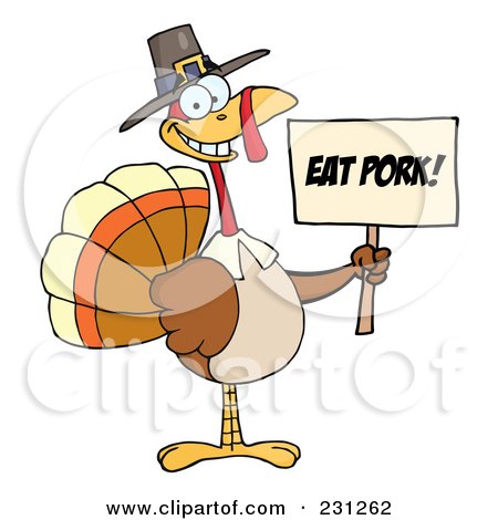 Royalty-Free (RF) Clipart Illustration of a Happy Thanksgiving Pilgrim Turkey Bird Holding An Eat Pork Sign by Hit Toon