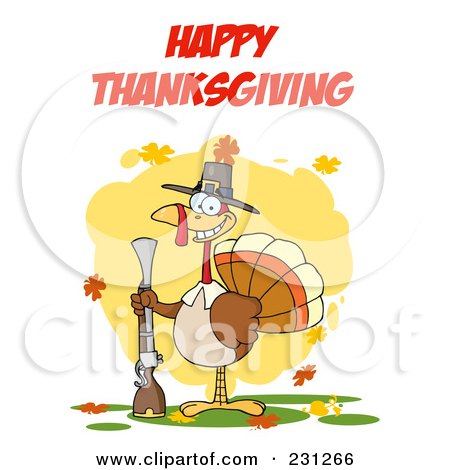 Royalty-Free (RF) Clipart Illustration of Happy Thanksgiving Over A Turkey Vird With A Musket by Hit Toon
