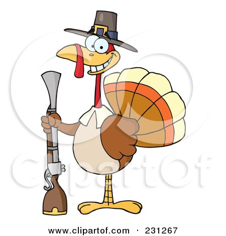 Royalty-Free (RF) Clipart Illustration of a Hunting Thanksgiving Pilgrim Turkey Bird With A Musket - 1 by Hit Toon