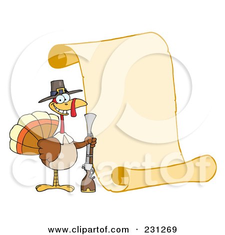 Royalty-Free (RF) Clipart Illustration of a Happy Thanksgiving Turkey Bird Holding A Musket By A Blank Menu Scroll by Hit Toon