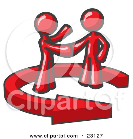 Clipart Illustration of a Red Salesman Shaking Hands With a Client While Making a Deal by Leo Blanchette