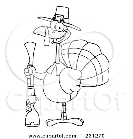 Royalty-Free (RF) Clipart Illustration of a Coloring Page Outline Of A Hunting Thanksgiving Pilgrim Turkey Bird With A Musket by Hit Toon
