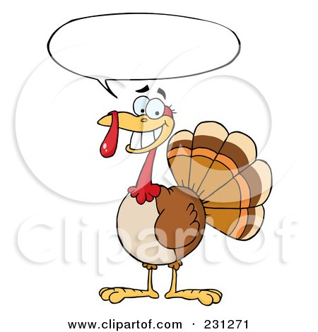 Royalty-Free (RF) Clipart Illustration of a Happy Thanksgiving Turkey Bird Smiling With A Word Balloon by Hit Toon