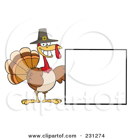 Royalty-Free (RF) Clipart Illustration of a Happy Thanksgiving Pilgrim Turkey Bird With A Blank Sign by Hit Toon